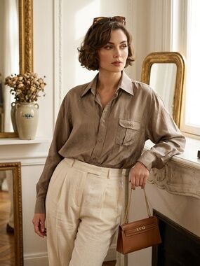 Vintage 1990's Simpsons 100% Silk Blouse Taupe Size Medium Effertless Corporate